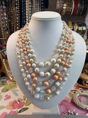 Vintage Japan 5 Multi-Strand Pearl Necklace w/Peach/White/Opalite Glass Beads